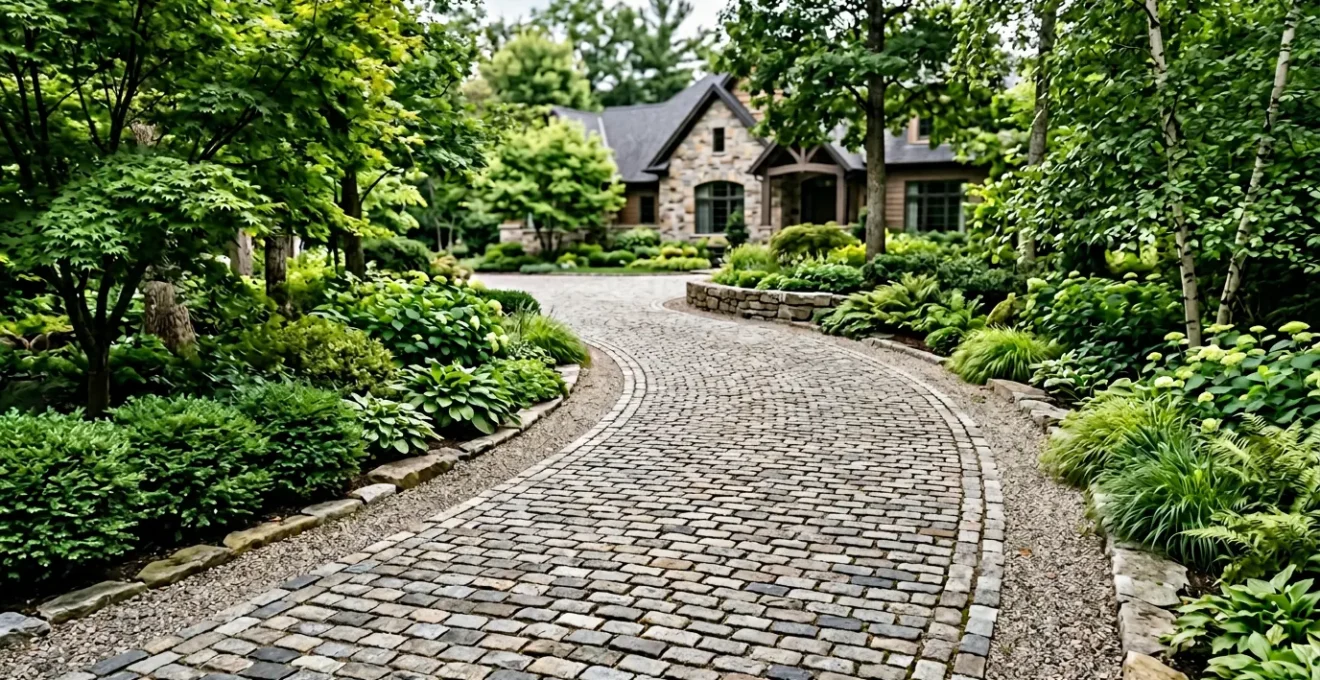 Vue aérienne d'une élégante allée en pavés de granit traversant un jardin paysagé, illustrant la durabilité et l'esthétique d'un pavage professionnel