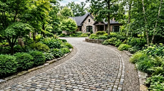 Vue aérienne d'une élégante allée en pavés de granit traversant un jardin paysagé, illustrant la durabilité et l'esthétique d'un pavage professionnel