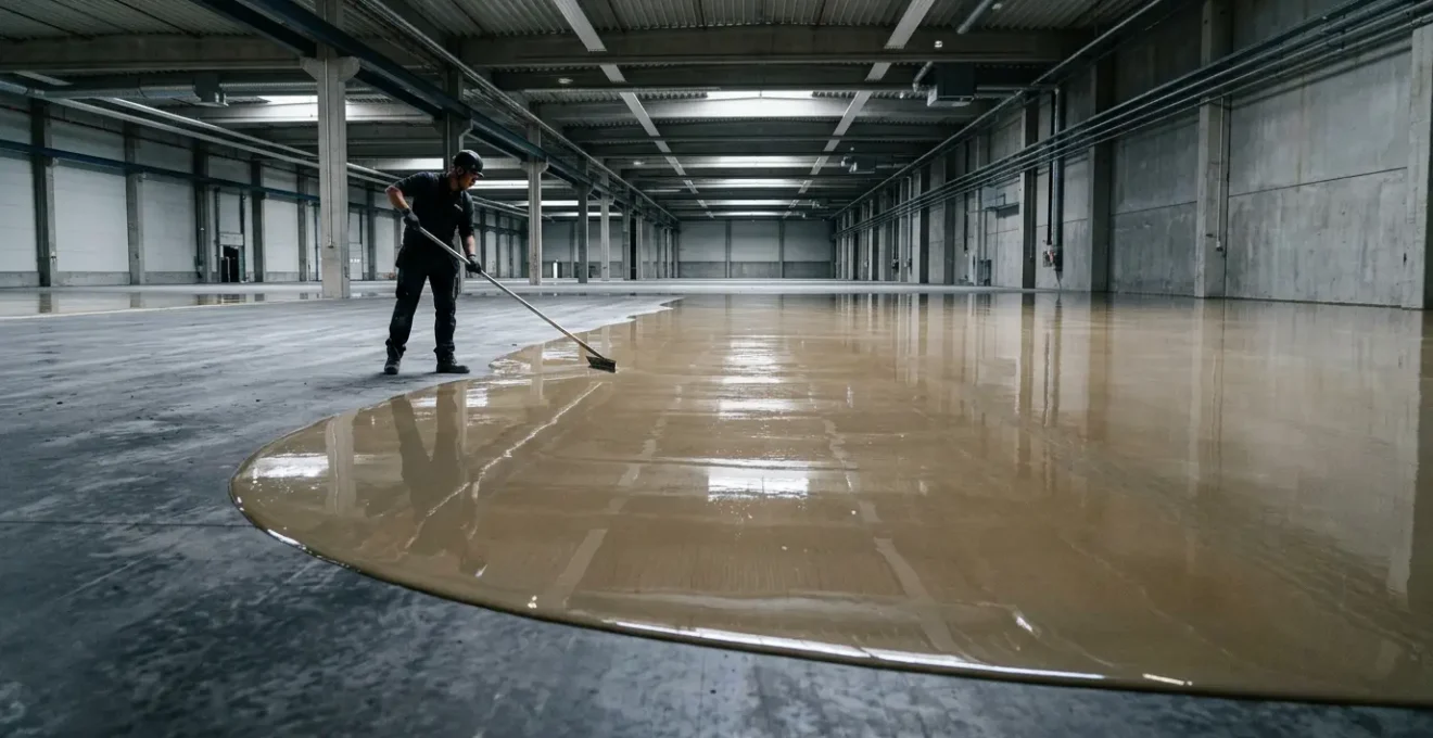 Ouvrier appliquant une résine autolissante époxy sur un sol industriel avec une racle crantée, surface réfléchissante obtenue