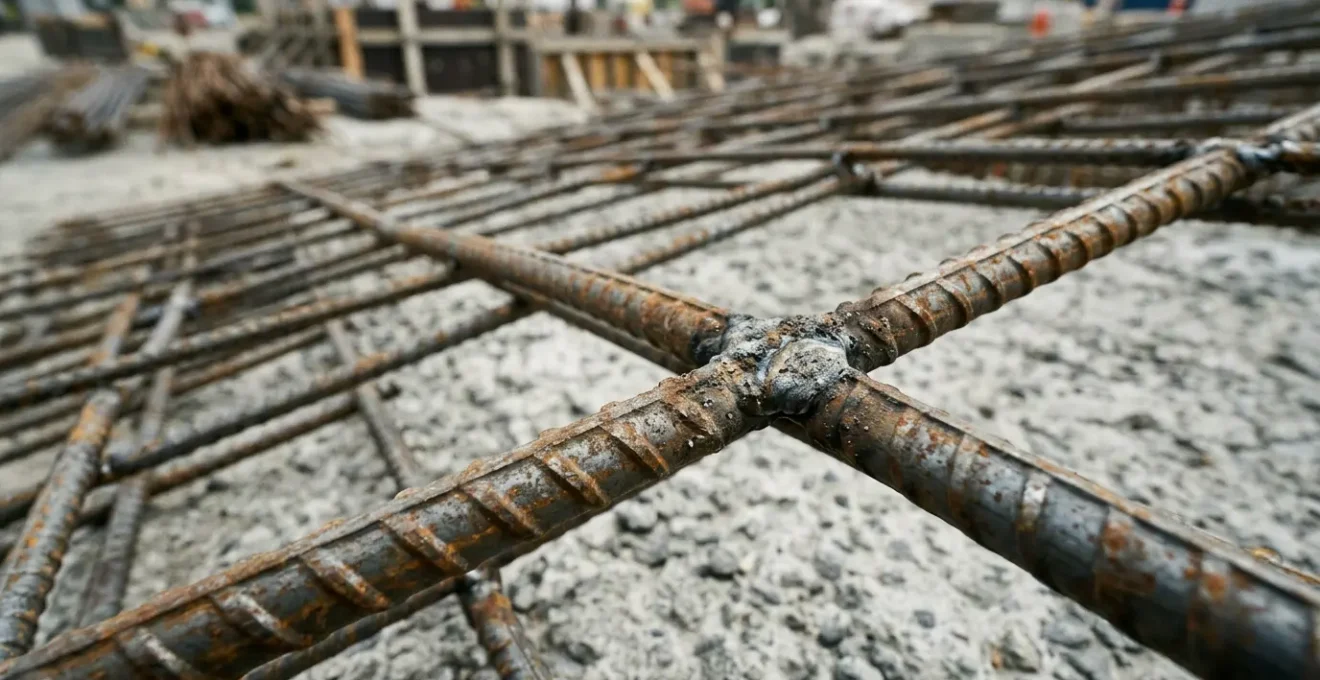 Vue détaillée d'un treillis métallique d'armature pour dalle industrielle en béton armé