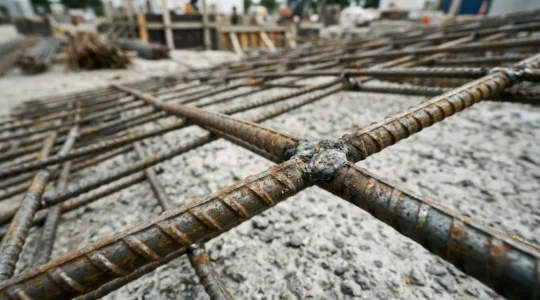 Vue détaillée d'un treillis métallique d'armature pour dalle industrielle en béton armé