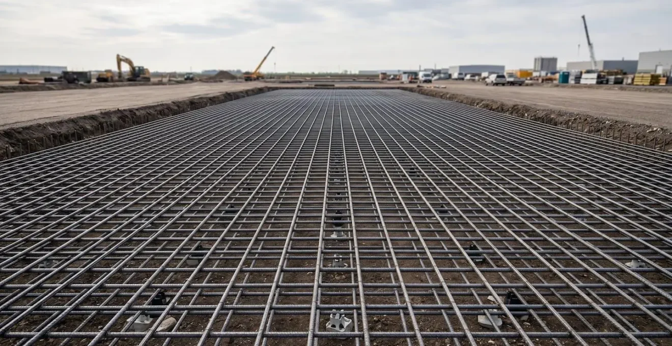 Armatures en acier haute adhérence positionnées pour le ferraillage d'une dalle de béton en cours de construction