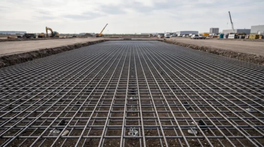 Armatures en acier haute adhérence positionnées pour le ferraillage d'une dalle de béton en cours de construction