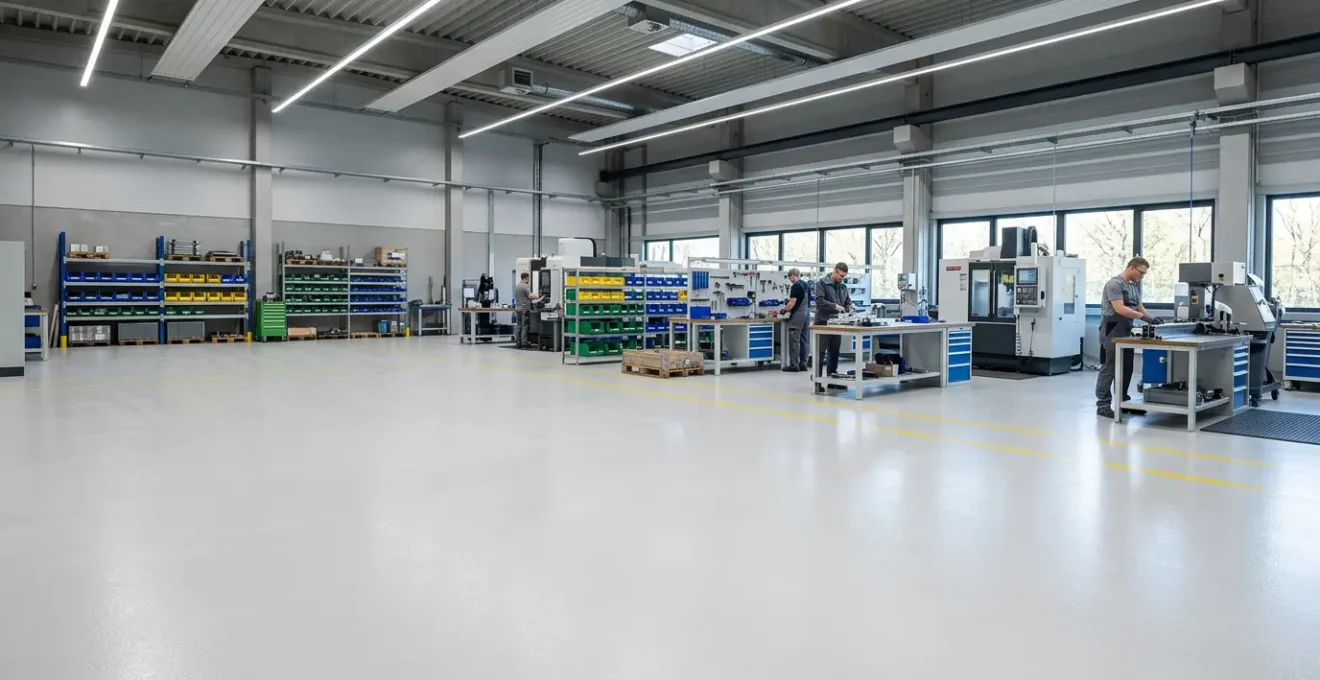 Atelier industriel moderne avec sol de couleur claire favorisant la productivité et le bien-être des travailleurs