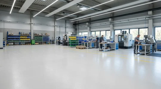 Atelier industriel moderne avec sol de couleur claire favorisant la productivité et le bien-être des travailleurs