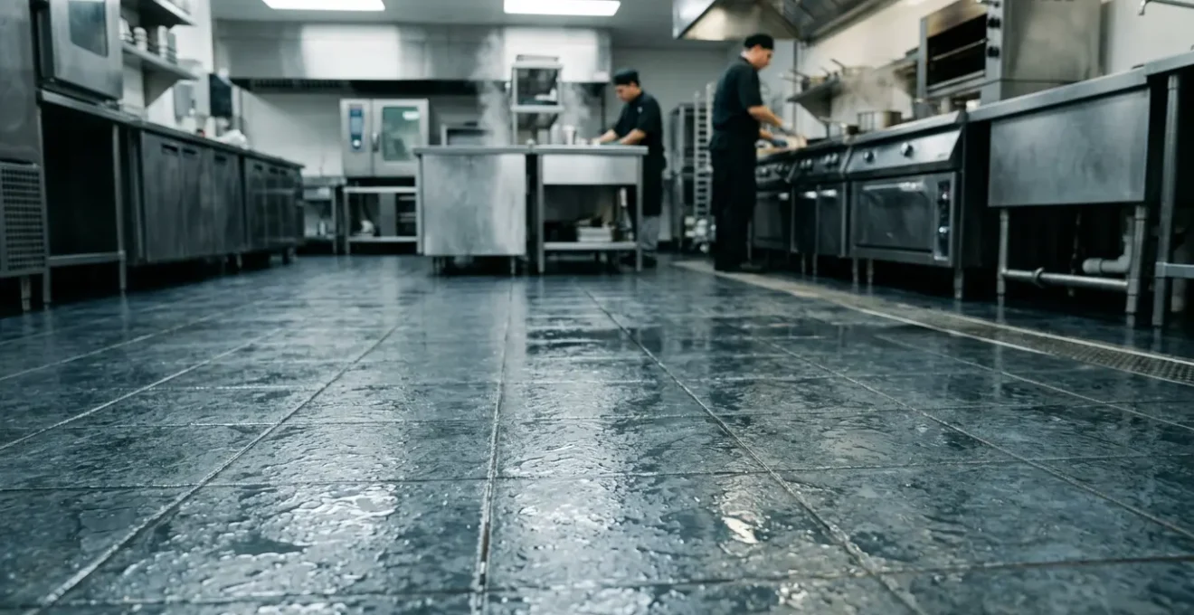 Vue d'ensemble d'une cuisine professionnelle équipée de carreaux antidérapants conformes aux normes de sécurité ERP