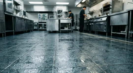 Vue d'ensemble d'une cuisine professionnelle équipée de carreaux antidérapants conformes aux normes de sécurité ERP