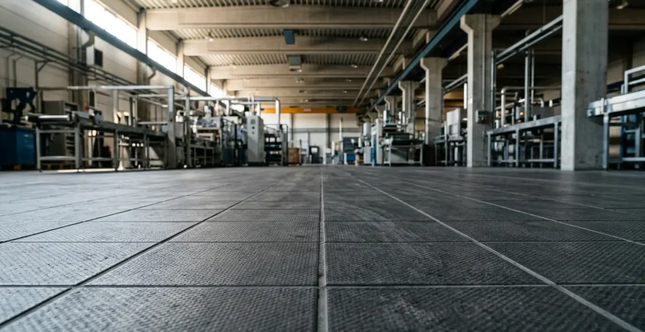 Carrelage technique industriel dans une zone de production avec trafic lourd et contraintes chimiques