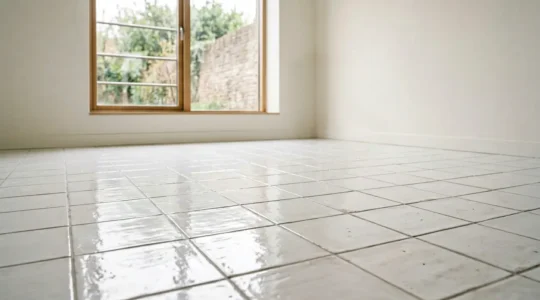 Carrelage blanc émaillé brillant réfléchissant la lumière naturelle dans une petite pièce contemporaine