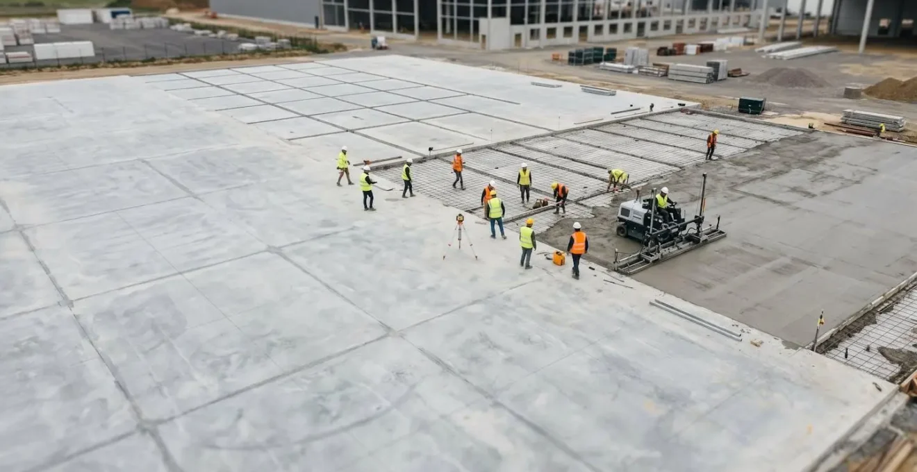 Vue aérienne d'un chantier de dallage industriel en béton avec équipement professionnel et traçage de joints conformes aux normes DTU françaises
