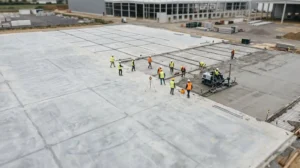 Vue aérienne d'un chantier de dallage industriel en béton avec équipement professionnel et traçage de joints conformes aux normes DTU françaises