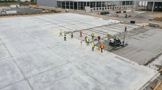 Vue aérienne d'un chantier de dallage industriel en béton avec équipement professionnel et traçage de joints conformes aux normes DTU françaises