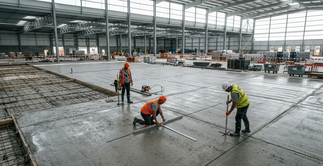 Vue d'ensemble d'un chantier de dallage industriel en béton en cours de réalisation avec contrôle de conformité