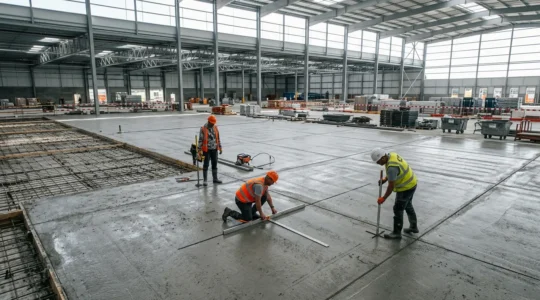 Vue d'ensemble d'un chantier de dallage industriel en béton en cours de réalisation avec contrôle de conformité