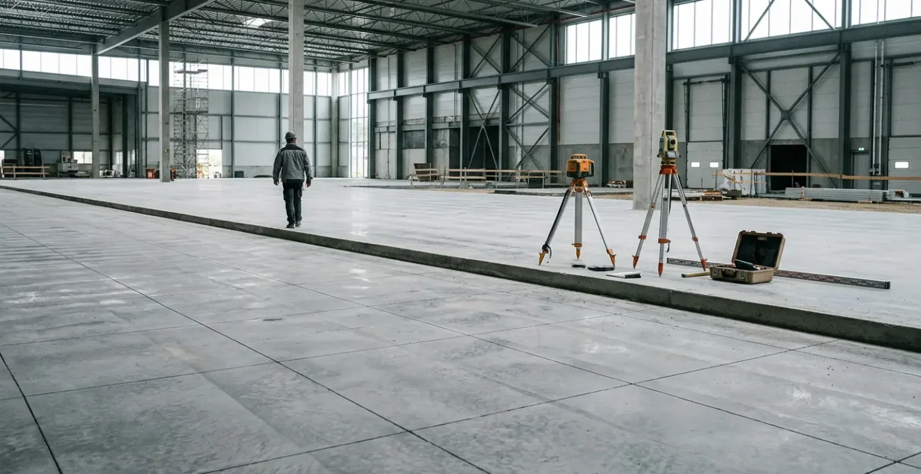 Chantier de dallage industriel moderne en France montrant le processus de coulage de béton