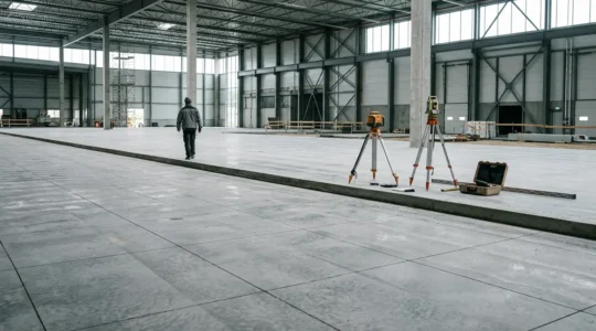 Chantier de dallage industriel moderne en France montrant le processus de coulage de béton