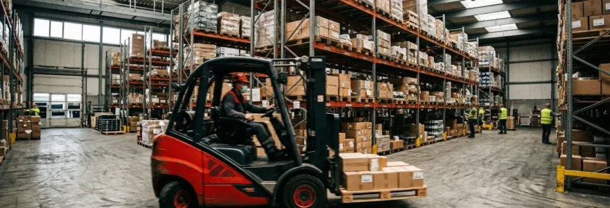 Un chariot élévateur orange manœuvre entre des rayonnages métalliques dans un entrepôt industriel au sol béton lisse, lumière naturelle filtrant par les verrières