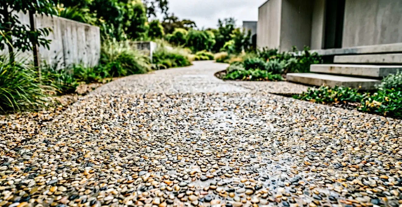 Cheminement extérieur en béton désactivé avec granulats apparents créant une surface antidérapante et esthétique
