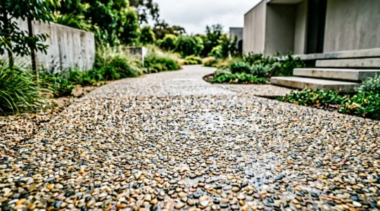 Cheminement extérieur en béton désactivé avec granulats apparents créant une surface antidérapante et esthétique