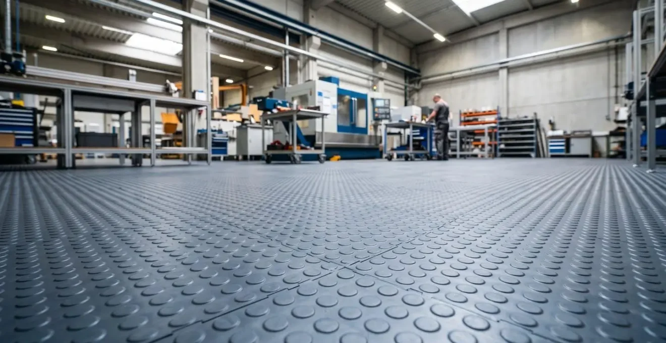 Vue d'ensemble d'un atelier industriel moderne avec dalles PVC au sol et équipements