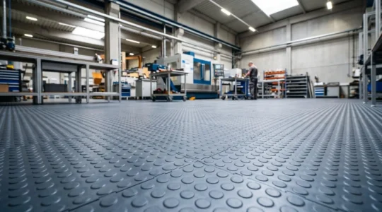 Vue d'ensemble d'un atelier industriel moderne avec dalles PVC au sol et équipements