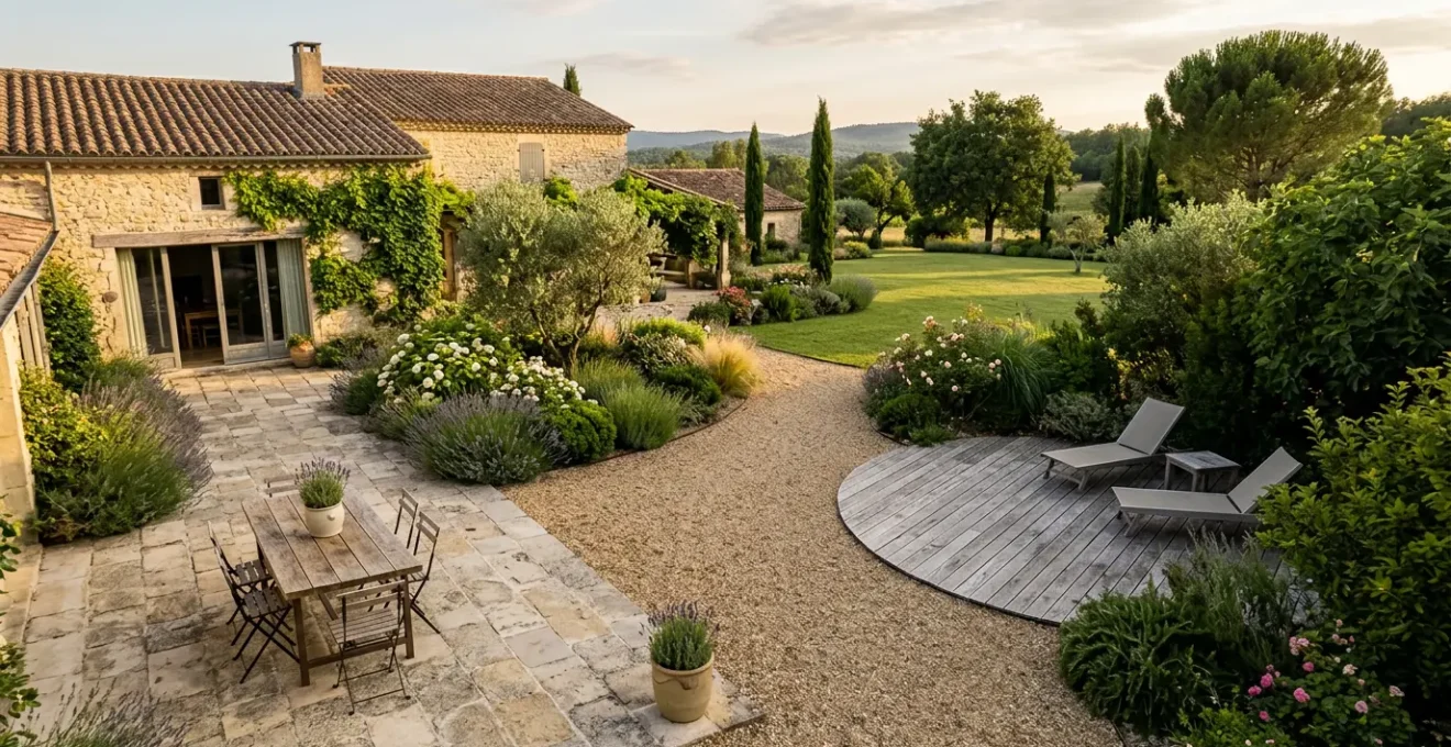 Vue aérienne d'un aménagement extérieur harmonieux avec différents revêtements de sol coordonnés