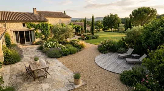 Vue aérienne d'un aménagement extérieur harmonieux avec différents revêtements de sol coordonnés
