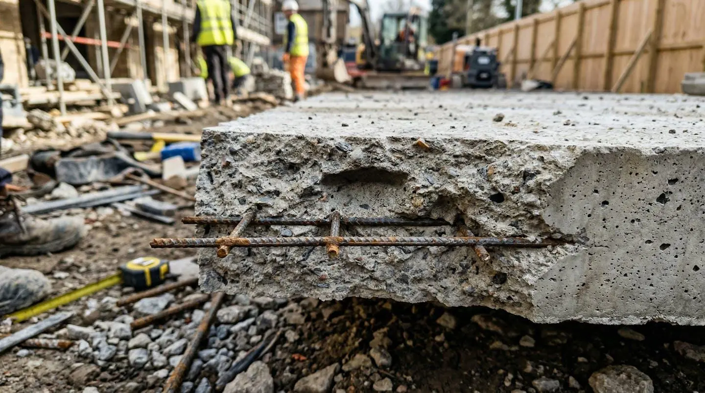 Gros plan sur une coupe de dallage béton révélant l'épaisseur de la dalle et le treillis soudé métallique en partie haute, arrière-plan flouté de chantier