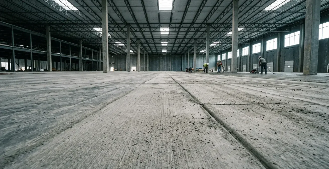 Illustration technique d'un dallage en béton montrant les contraintes de traction et les points de résistance structurelle