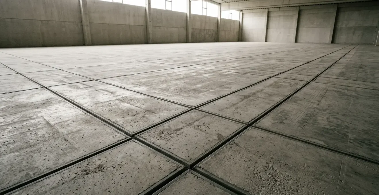 Vue en plongée d'une dalle de béton industrielle montrant la texture et les joints de dilatation avec éclairage naturel