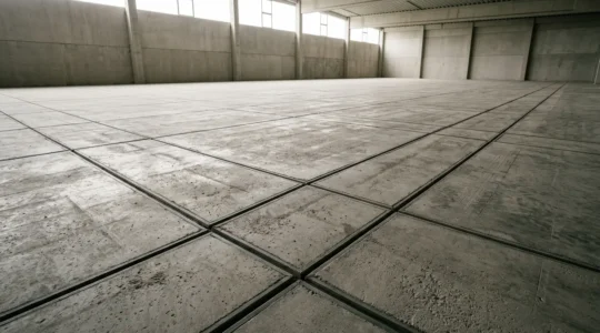 Vue en plongée d'une dalle de béton industrielle montrant la texture et les joints de dilatation avec éclairage naturel