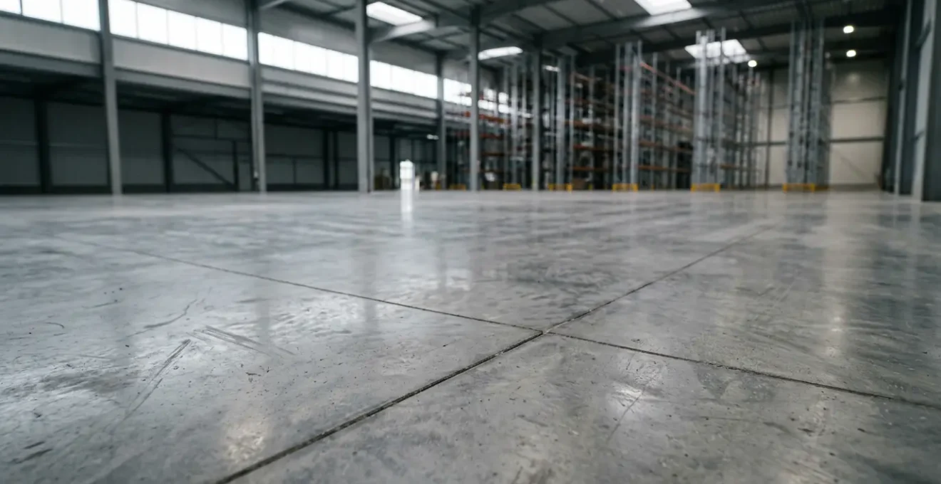 Dalle industrielle en béton supportant le passage d'un chariot élévateur dans un entrepôt moderne