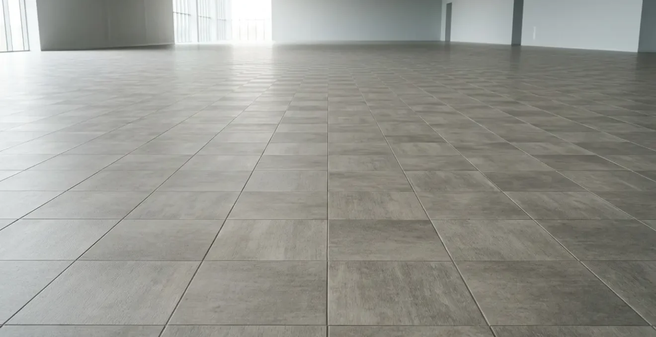 Salle polyvalente vide avec sol en dalles modulaires présentant une surface uniforme et robuste, illustrant la flexibilité d'aménagement pour différents usages