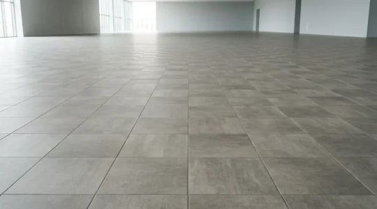 Salle polyvalente vide avec sol en dalles modulaires présentant une surface uniforme et robuste, illustrant la flexibilité d'aménagement pour différents usages