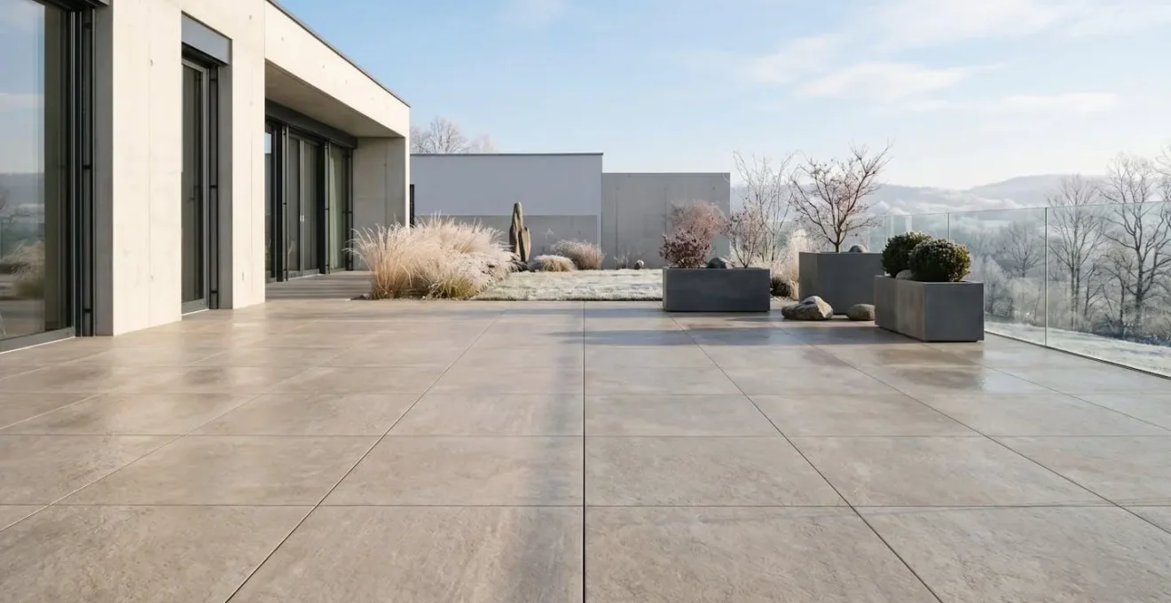 Terrasse extérieure moderne avec dalles en grès cérame résistantes aux intempéries