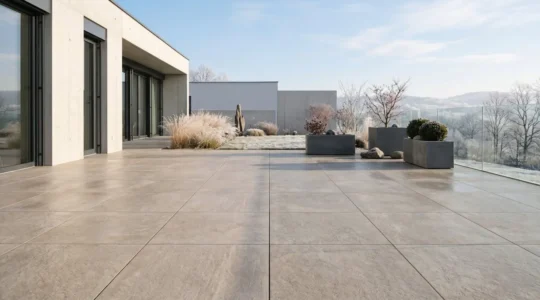 Terrasse extérieure moderne avec dalles en grès cérame résistantes aux intempéries