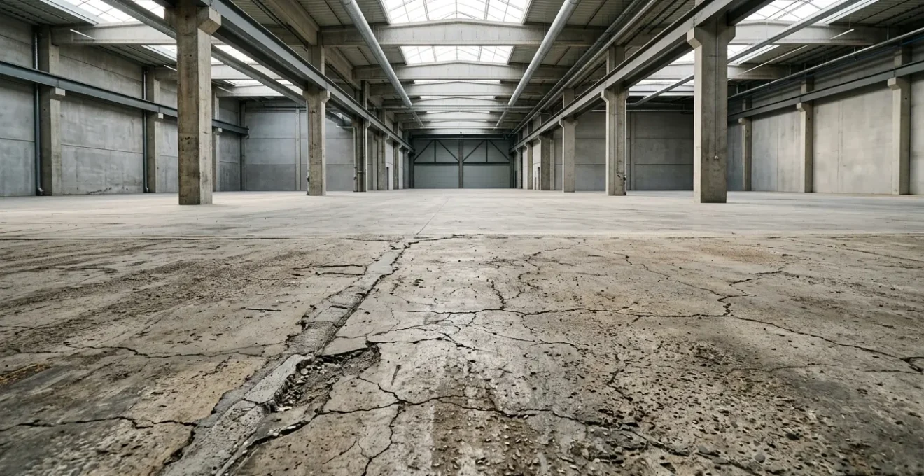 Inspection technique d'un sol industriel en béton présentant des dégradations et fissures avec équipement de diagnostic non destructif