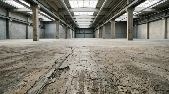 Inspection technique d'un sol industriel en béton présentant des dégradations et fissures avec équipement de diagnostic non destructif
