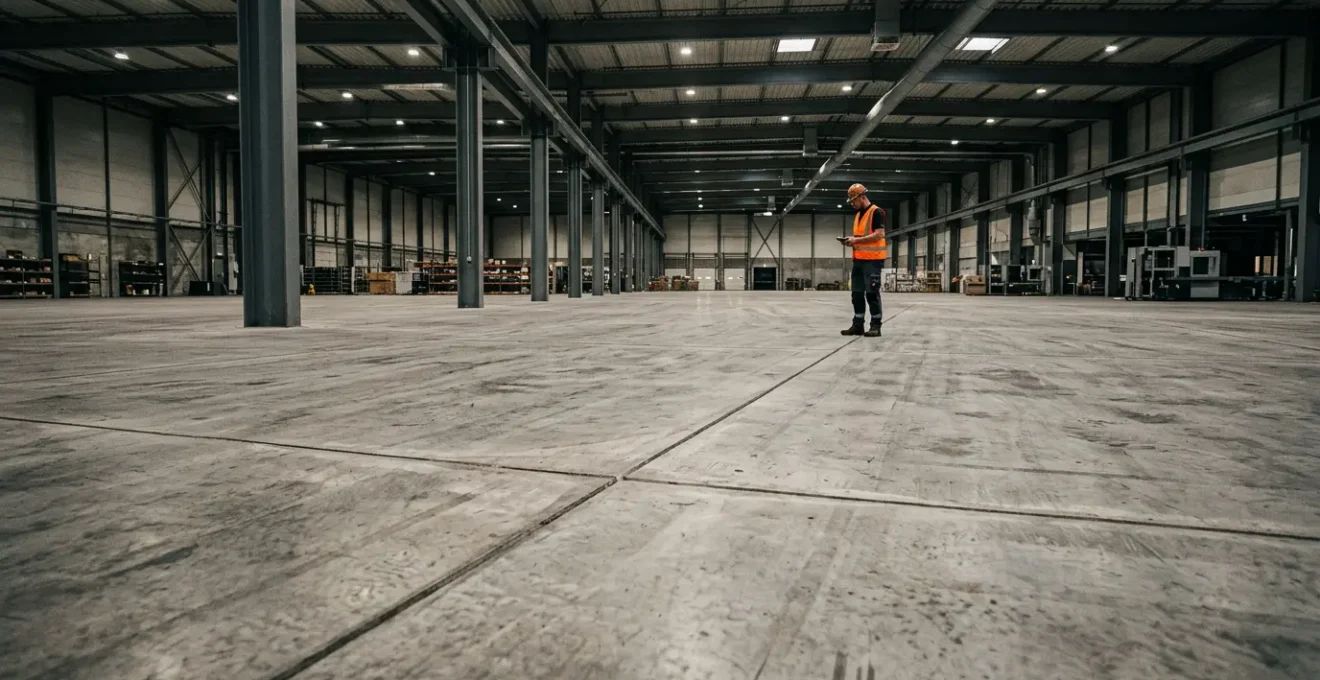 Inspection technique professionnelle d'un dallage industriel en béton avec équipement de diagnostic non destructif