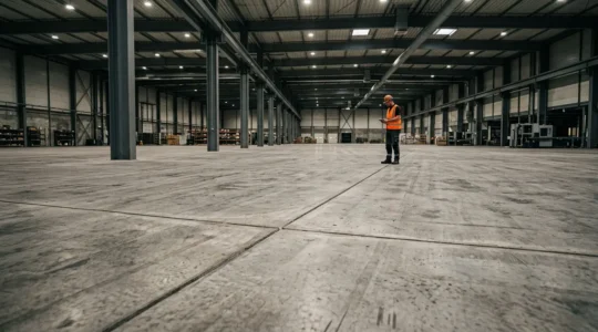 Inspection technique professionnelle d'un dallage industriel en béton avec équipement de diagnostic non destructif