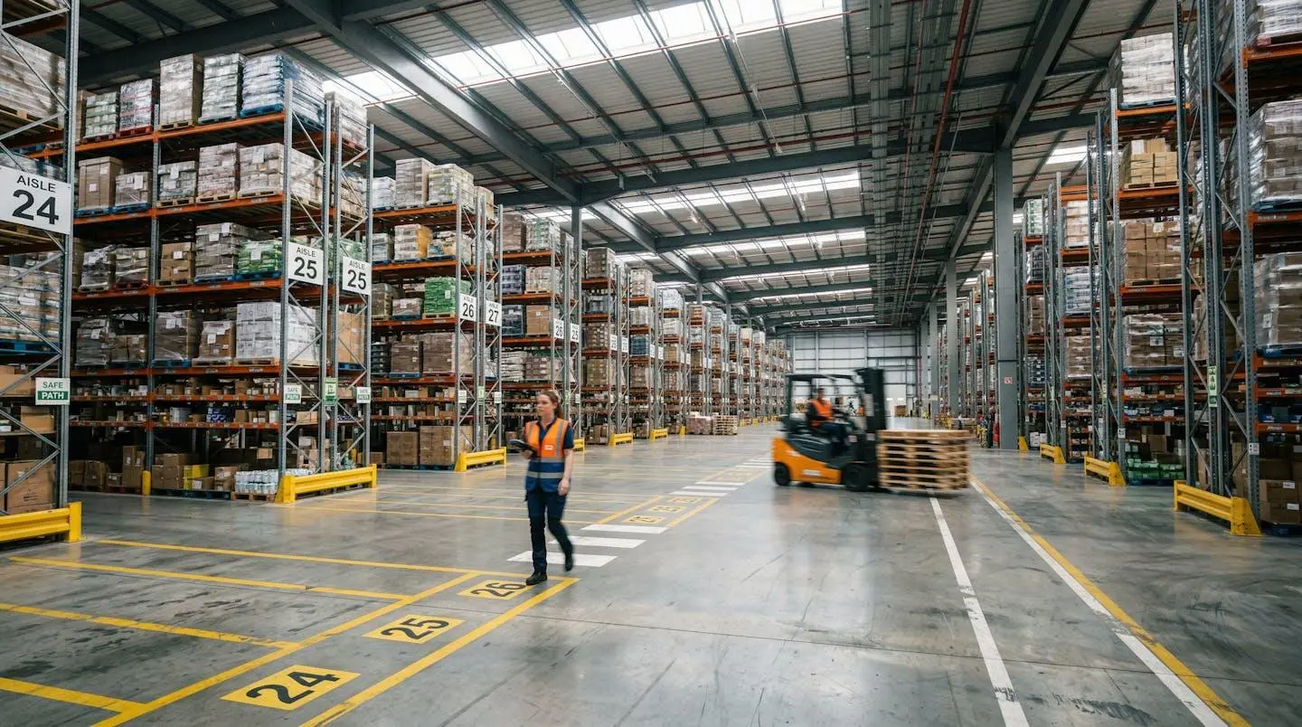 Vue d'ensemble d'un entrepôt logistique moderne avec sol béton lisse gris, allées de circulation marquées, rayonnages métalliques en arrière-plan