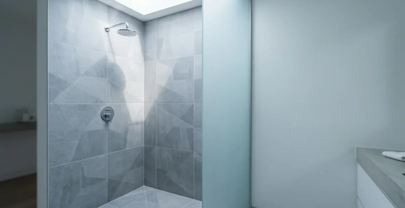 Détail d'un coin de douche à l'italienne moderne montrant la parfaite étanchéité entre le carrelage et le receveur