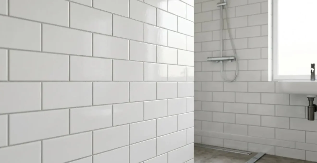 Détail de faïence murale dans une salle de bains familiale contemporaine avec finitions en grès cérame