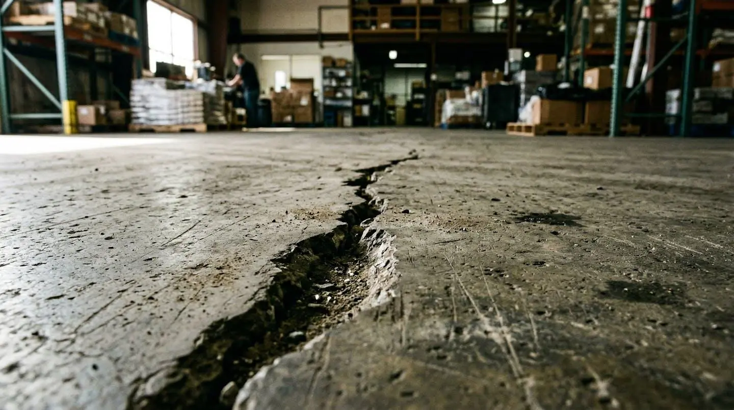 Fissure linéaire traversant un dallage béton industriel gris, vue rasante mettant en évidence le défaut, environnement d'entrepôt logistique