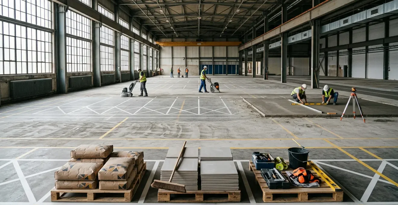 Vue d'ensemble d'un chantier de rénovation de sol industriel avec zones de travail délimitées et matériaux de construction
