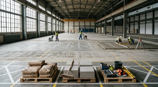 Vue d'ensemble d'un chantier de rénovation de sol industriel avec zones de travail délimitées et matériaux de construction