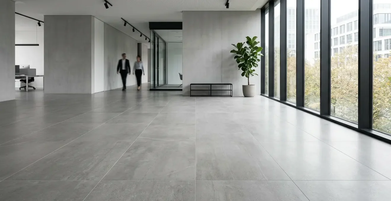 Sol en grès cérame dans un espace commercial moderne avec éclairage naturel et finition technique premium