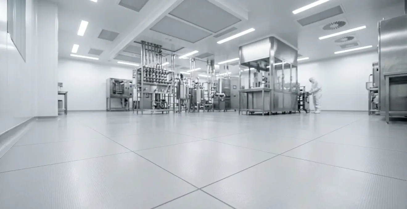 Environnement de laboratoire pharmaceutique moderne avec système de carrelage technique conforme aux normes sanitaires strictes