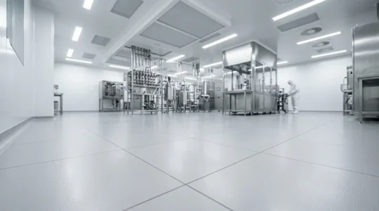 Environnement de laboratoire pharmaceutique moderne avec système de carrelage technique conforme aux normes sanitaires strictes