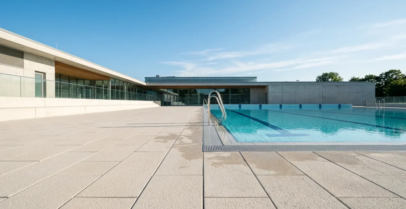 Plage de piscine publique municipale avec dallage antidérapant clair, nombreux baigneurs, environnement estival